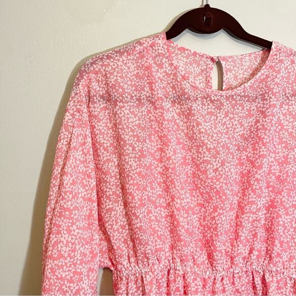 Influence Women's Pink Floral Crew Neck Shirred Sleeve Tiered Mini Dress Size 8 - Picture 4 of 16